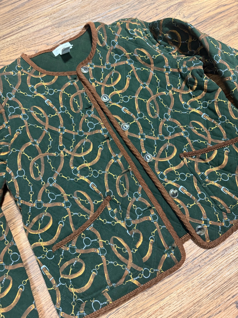 Jones New York Green Equestrian Print Womens Quilted Jacket with Brown Trim